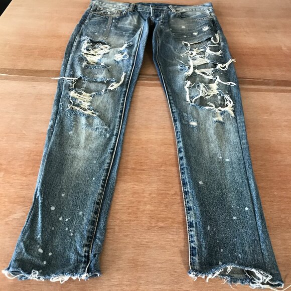 Dope Jeans Men 30x28 Blue Paintsplatter Low Rise Distressed Raw Hem Grunge - Picture 1 of 11